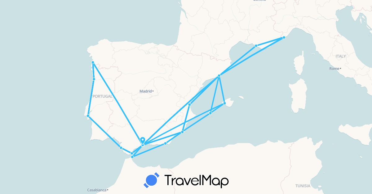 TravelMap itinerary: driving, boat in Spain, France, Gibraltar, Italy, Portugal (Europe)